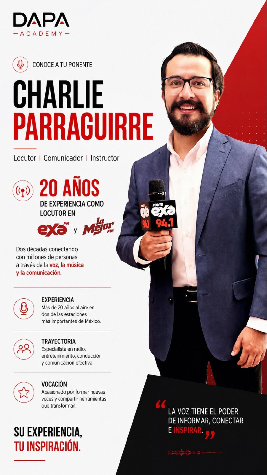 Charlie Parraguirre, locutor, comunicador e instructor